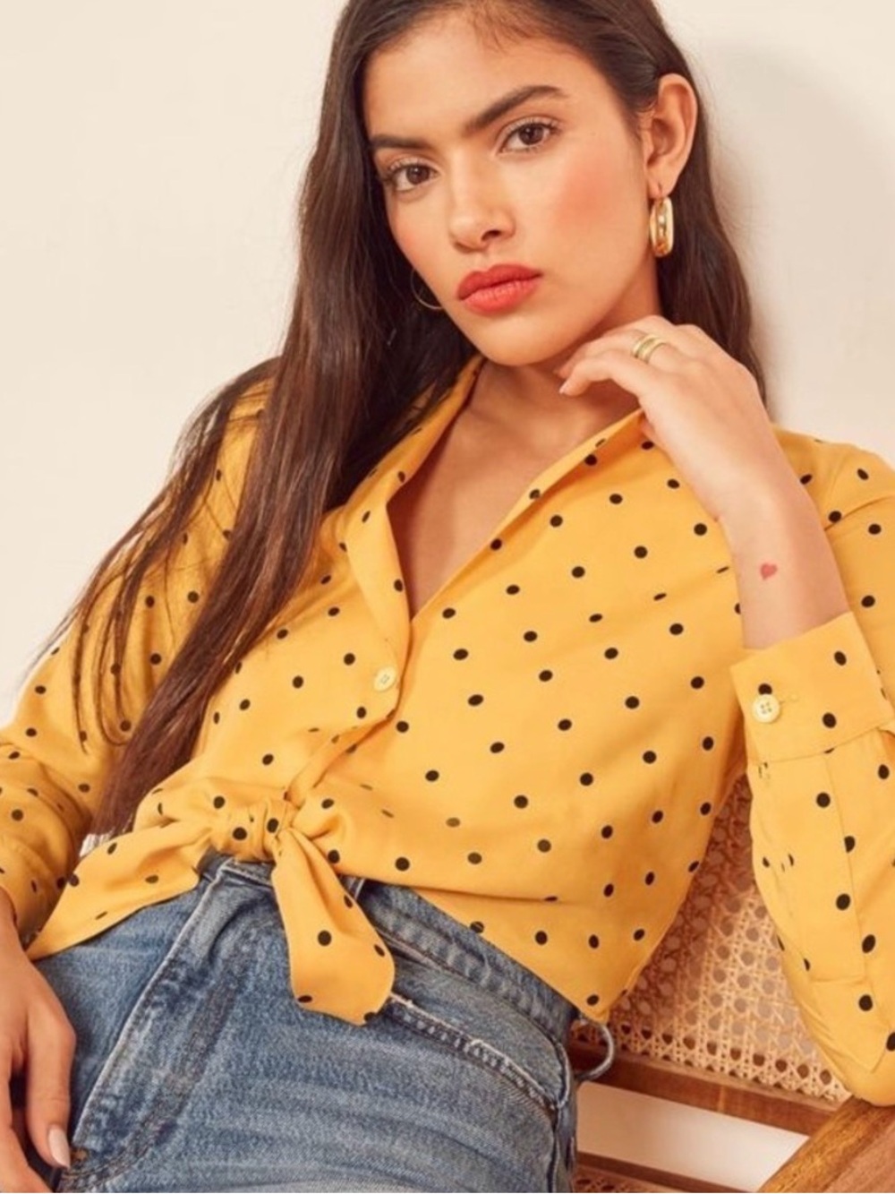 Reformation Jeans Yellow & Black Polka Dot Tie Waist Crop Top Small Quiet Luxury